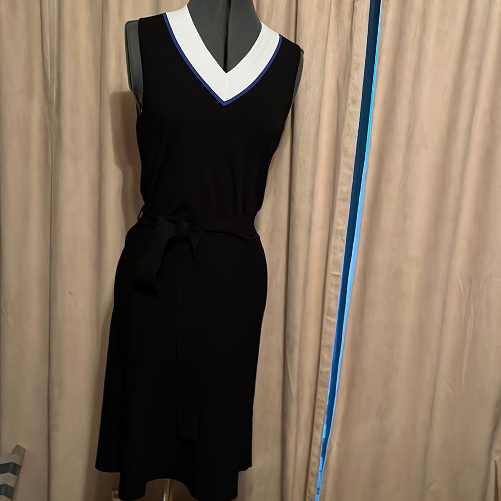 Banana Republic black knit dress with white and blue Varsity neckline.